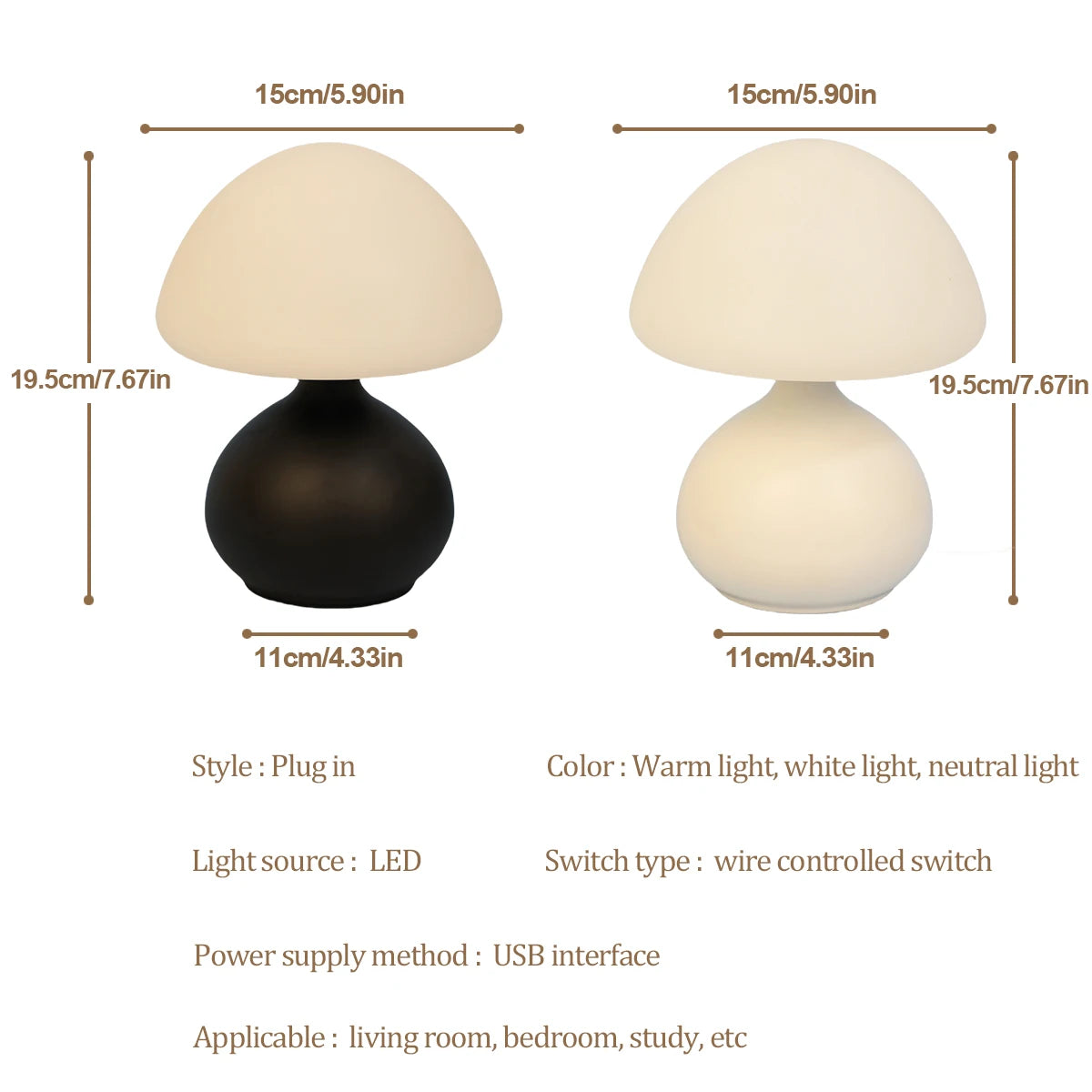 Modern Mushroom Table Lamp With 3-Color Dimming